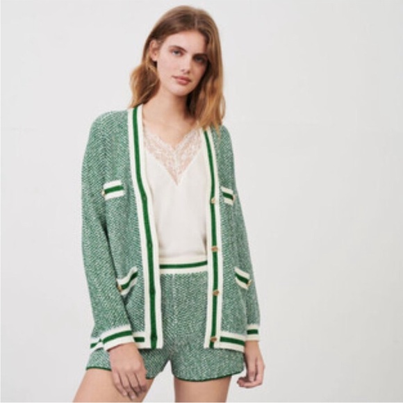 Maje Maitresse Green Lurex Metallic Threaded Cardigan Sweater Size 3, US Large - Picture 2 of 16